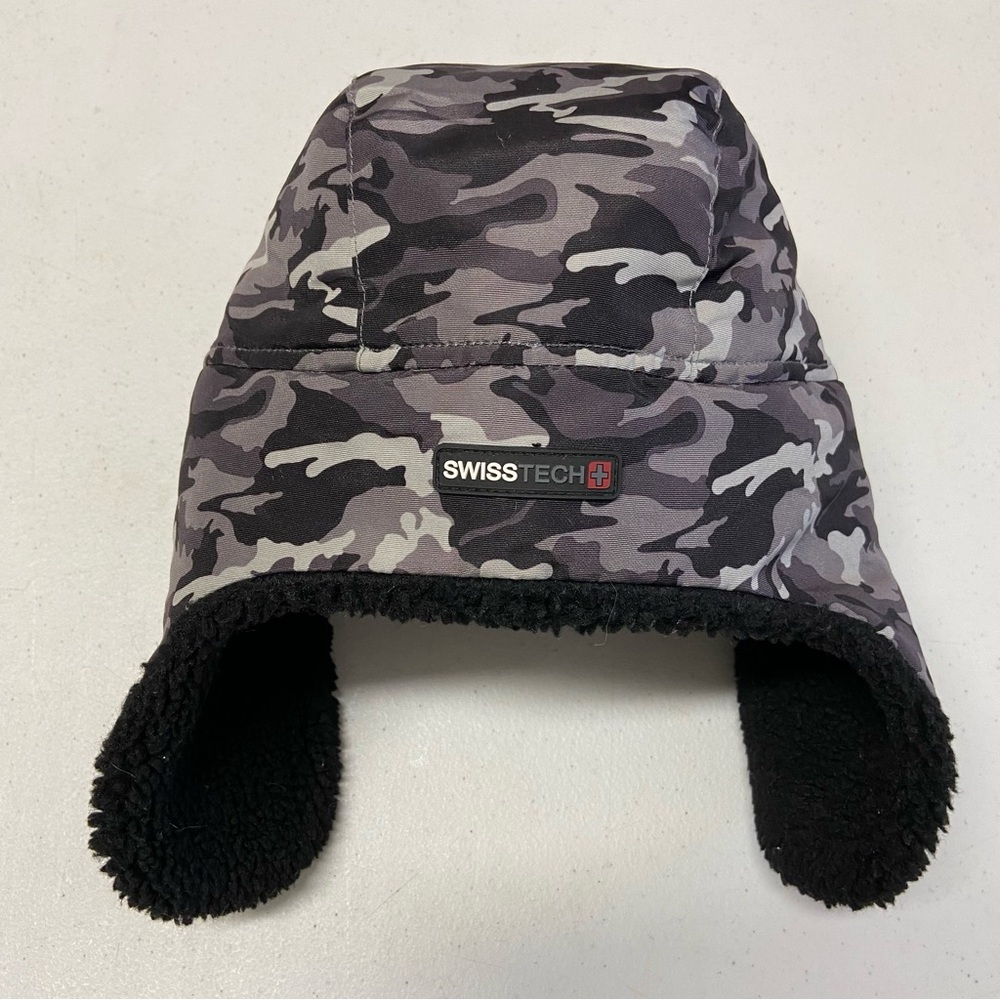 Swiss Tech Hat OS Black Camo Sherpa Ear Flaps Fleece Insulated Adult Men Unisex